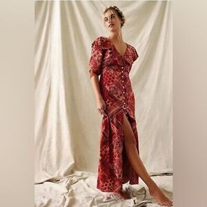 FREE PEOPLE Lennon Patchwork Maxi Dress Small Pink Red Button Front Boho Hippie
